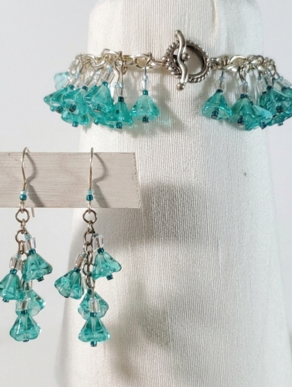 Bracelet Set 7.25" Charm Earrings Handmade Turquoise Czech Flower Glass Bead